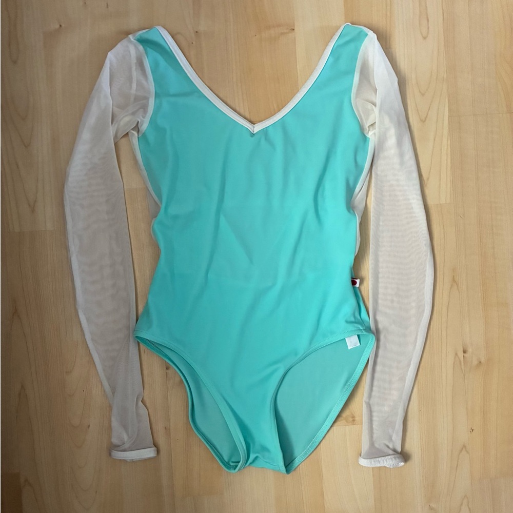 Aqua and White Mesh Sleeve Yumiko Leotard S
